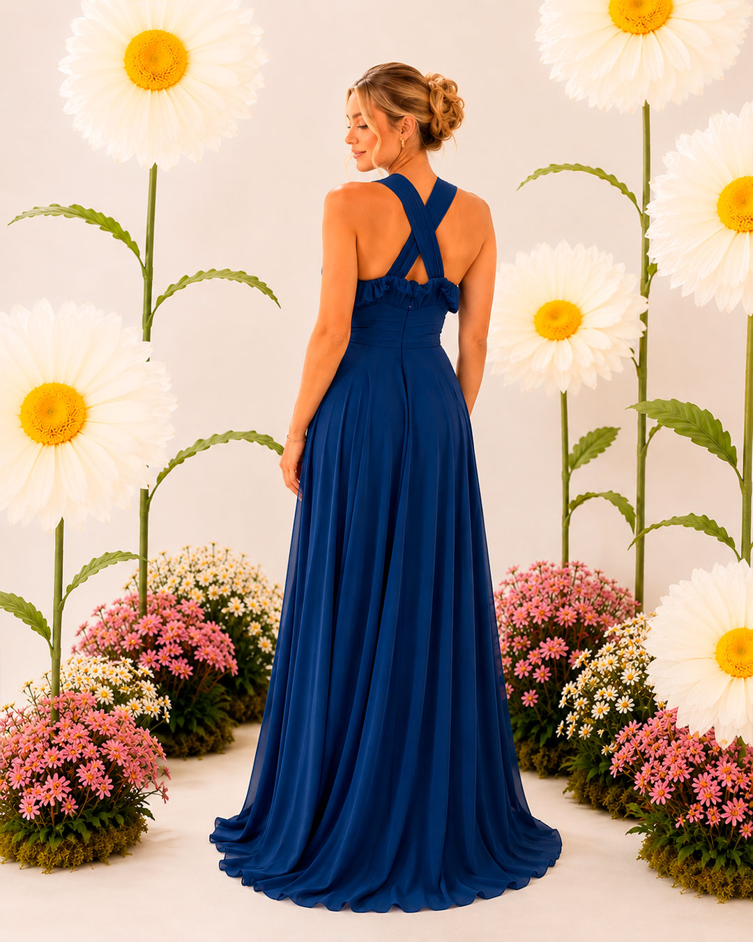 Parte trasera de un vestido largo azul marino con corte princesa y tirantes cruzados