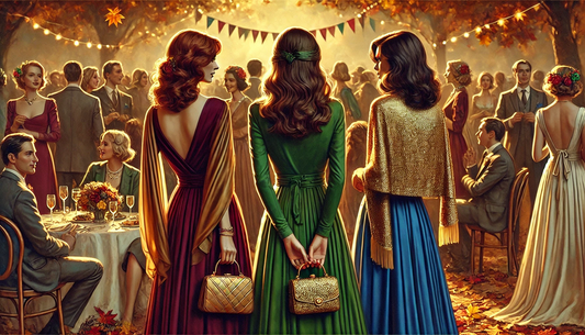 Tres chicas en un evento como invitadas de boda en colores otoñales muetran vestidos en colores en tendencia complementados con bolsos y chals