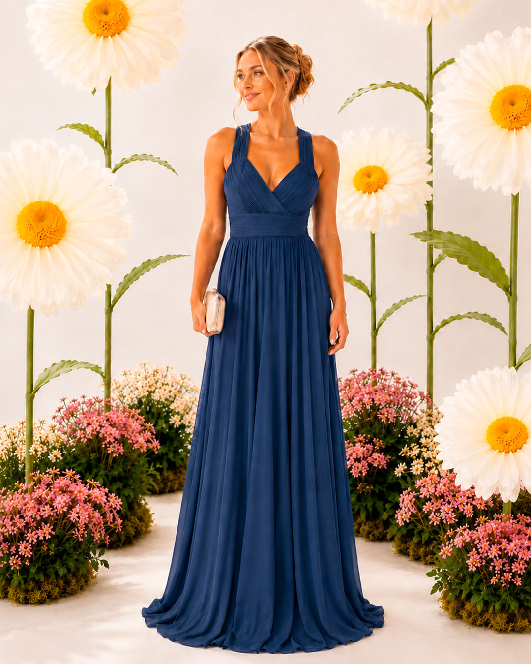Vestido de tela de crepe en color azul marino, estilo princesa y escote cruzado