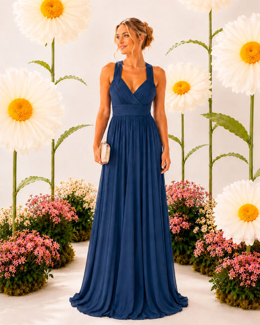 Vestido de tela de crepe en color azul marino, estilo princesa y escote cruzado